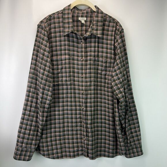 L.L. Bean Flannel Shirt Women’s Large 100% Cotton Green Plaid Button Down - Picture 1 of 7